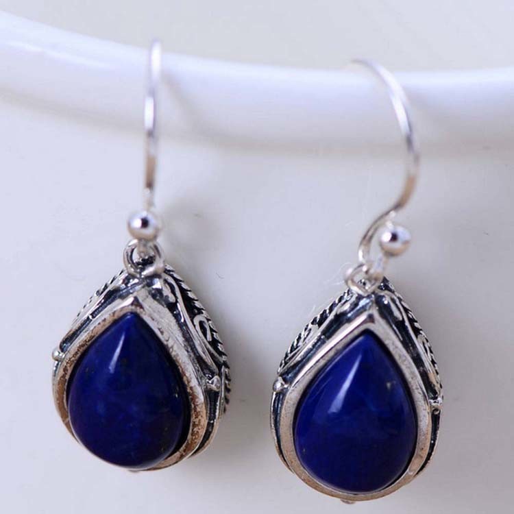 Thai Sterling Silver Natural Lapis Lazuli Drop Dangel Retro Earrings (043143W)