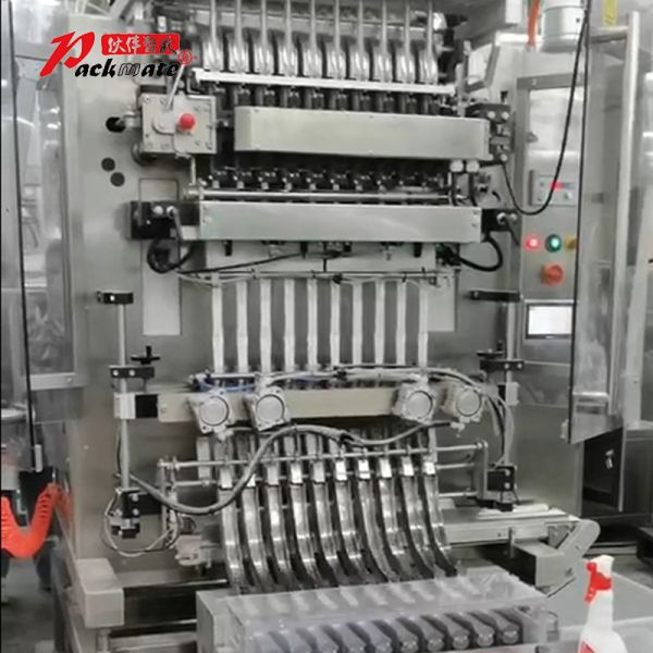 Packaging machine side view showing conveyor