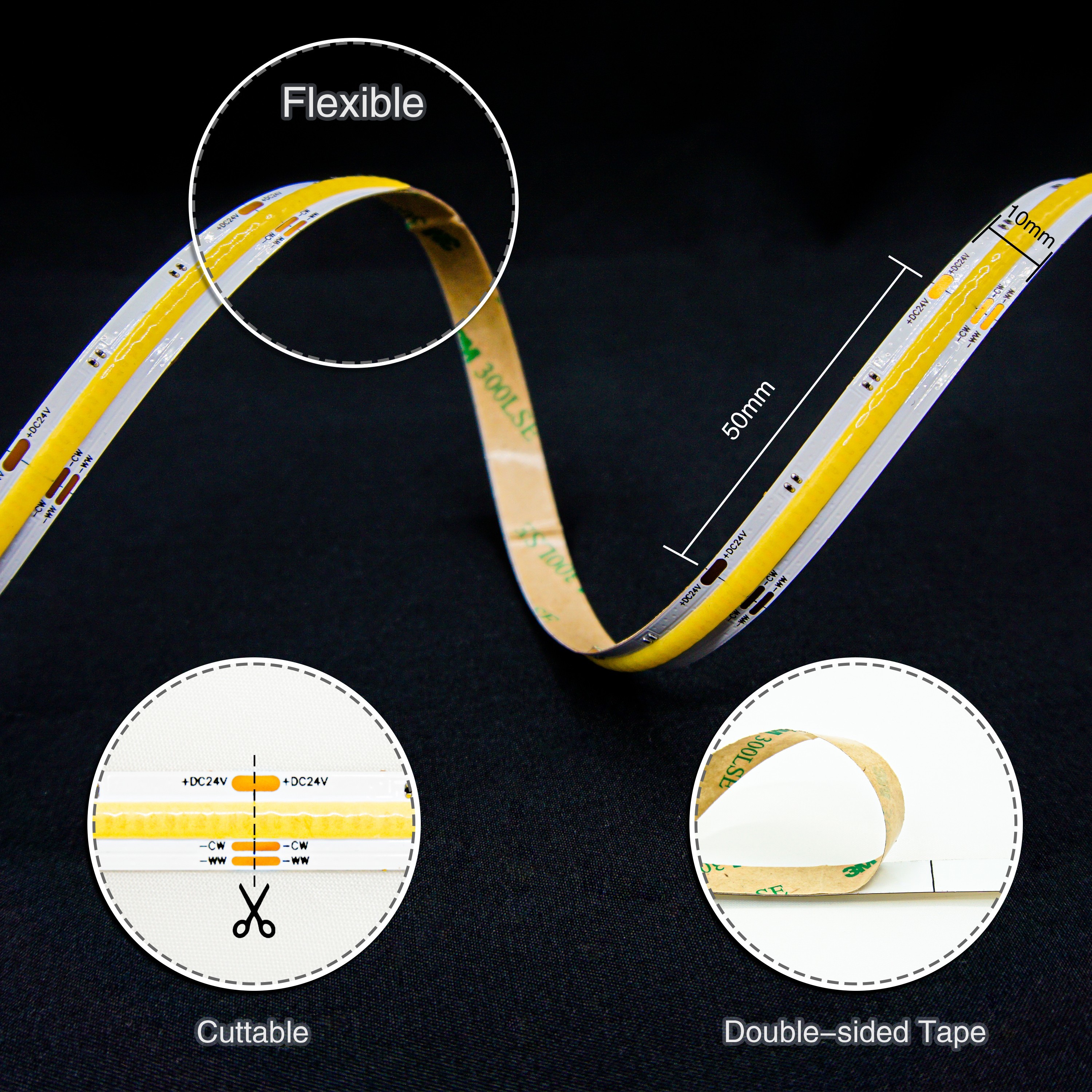 10mm Color Temperature LED Strip DC24V 2700K-6500K COB Tunable LED Strip