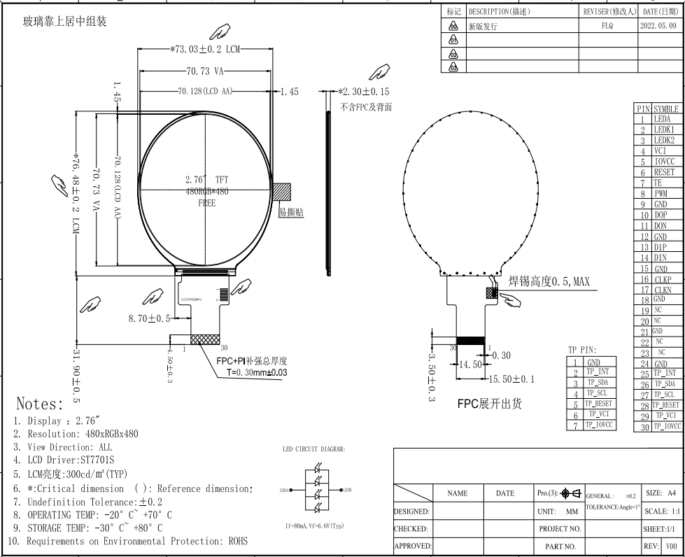 2.76'' 2.8'' TFT LCD Display Round IPS 480×480 MIPI Interface ST7701S IPS