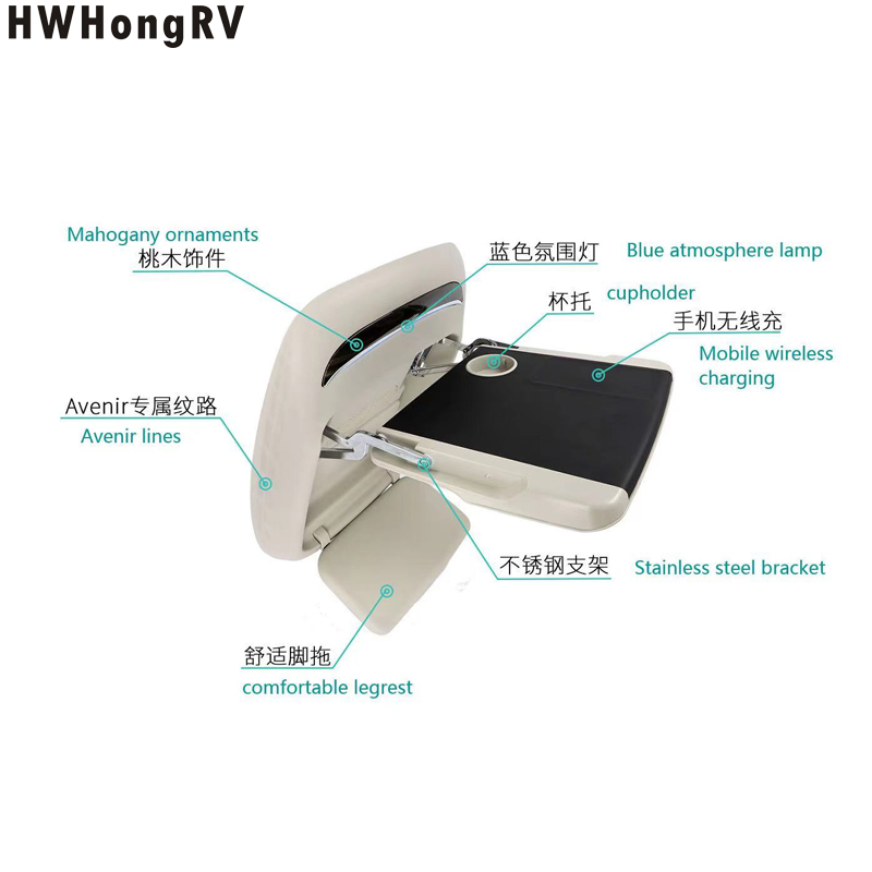 custom auto seat back folding table /dinner table/work table for luxury car van and V I P car with manual footrest