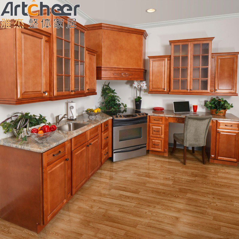 Solid Wood Kitchen Cabinet with Wall Hang Cabinet and PVC Membrane Surface Treatment