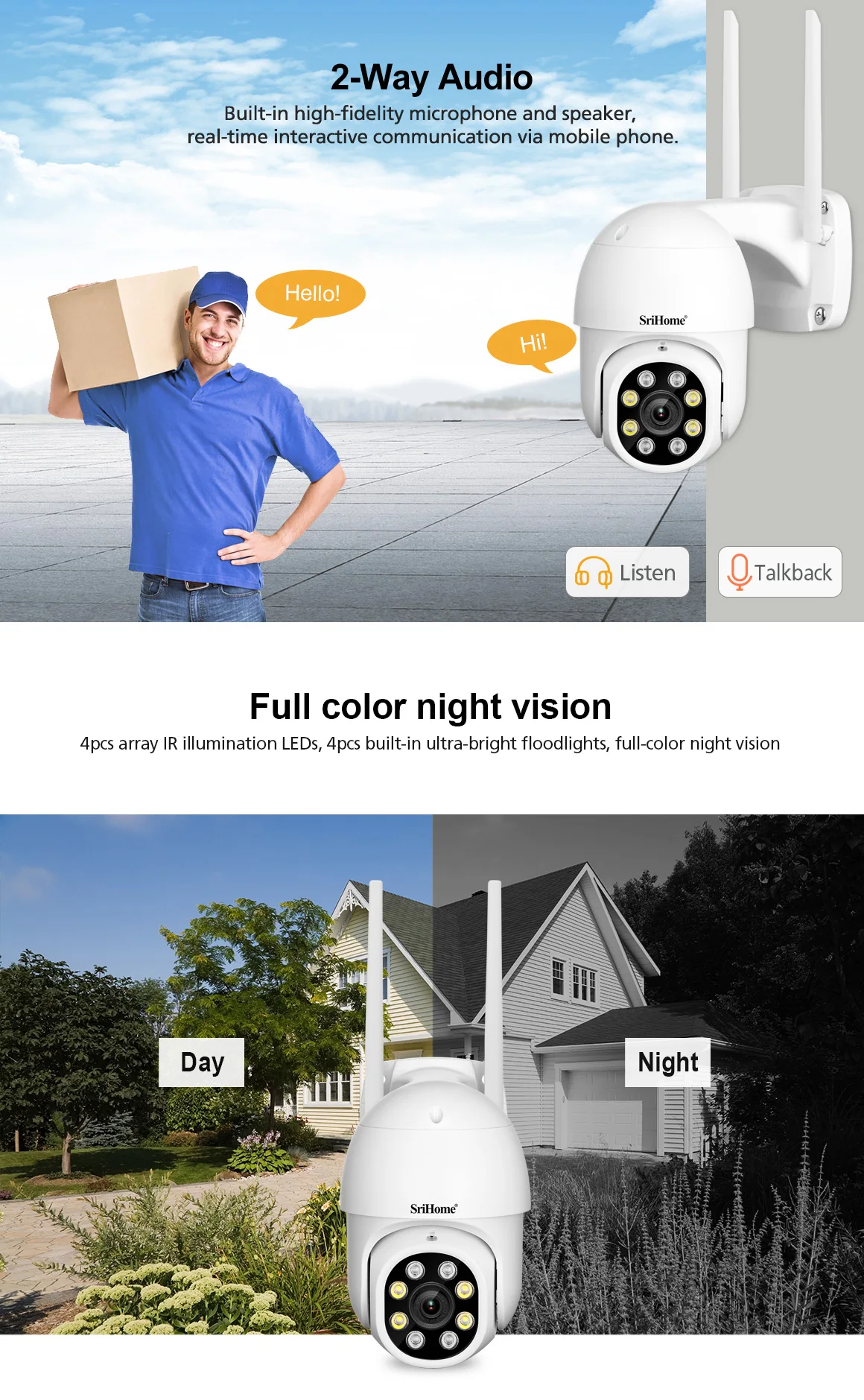 SriHome 3MP 1296P Two-Way Audio WiFi Waterproof Outdoor Indoor Camera Surveillance Remote Camera Baby Home Camera