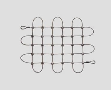 A piece of stainless steel square rope mesh with cross clips.