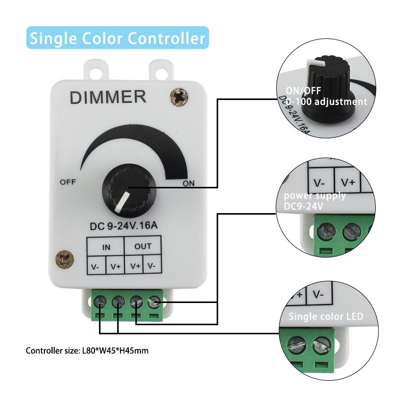 Adjustable Brightness LED Controller Dimmer Switch DC 12V 16A For 5050 Single Color Light