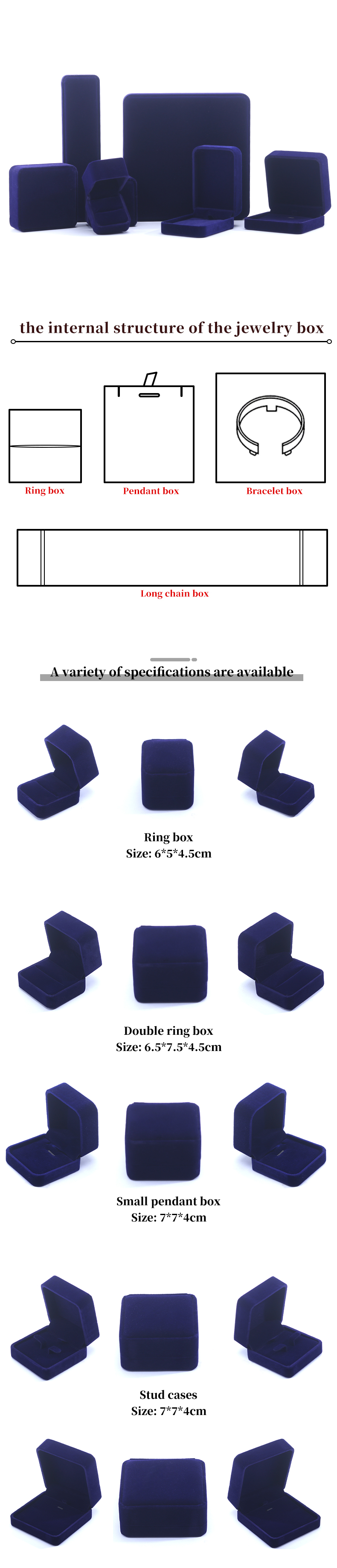 China Manufacturing wholesale high end Handmade Necklace Ring Box Jewellery Packaging Custom logo Luxury Square Suede Velvet Blue Jewelry Box
