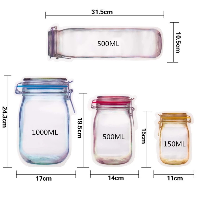 Factory Price Mason Jar Shape Storage Bags Snacks Candy Fresh Zipper Seal Food Reusable Stand-up Organizer