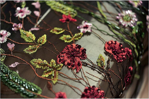 Stretch Multi Colored Floral Heavy Beaded Lace Fabric For Wedding Dress Decoration