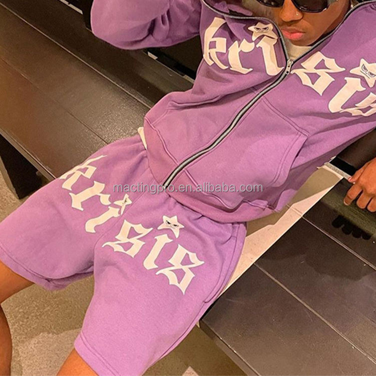 Cool Colourful Tracksuit Combat Distressed Embroidery Patchwork Hoodie Shorts Sets French Terry 3D Puff Printing