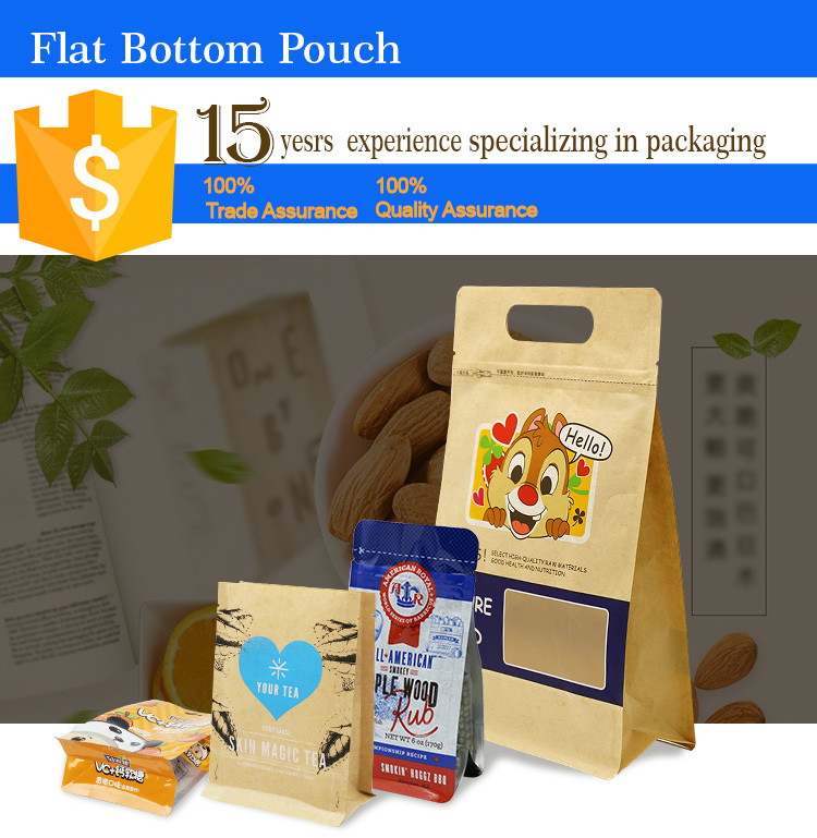 Wholesale Stand Up Bag Flat Bottom Food Packing Zipper Brown Kraft Customized Paper Bag