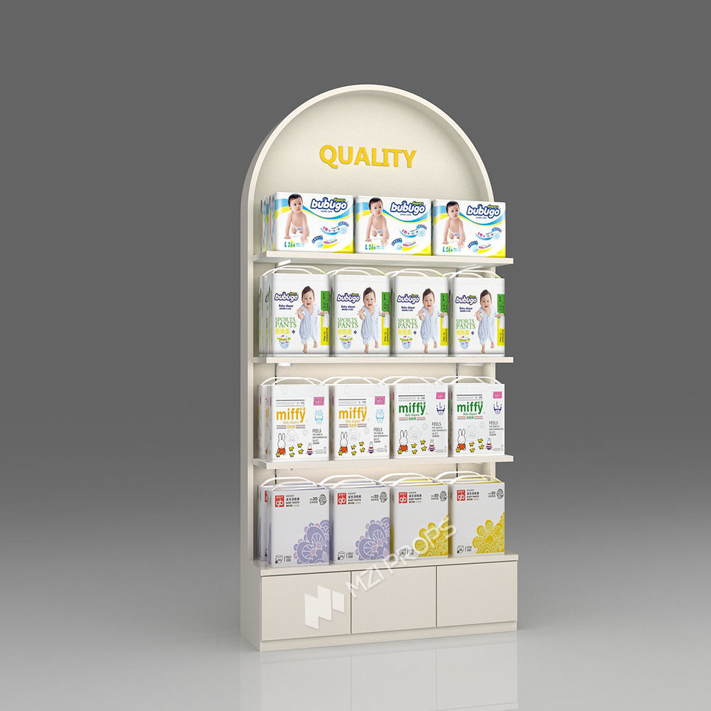 Mom & Baby Display Showcase Curved Paper Products Cabinet Baby Display Shelf for Maternity Shop Interior Design