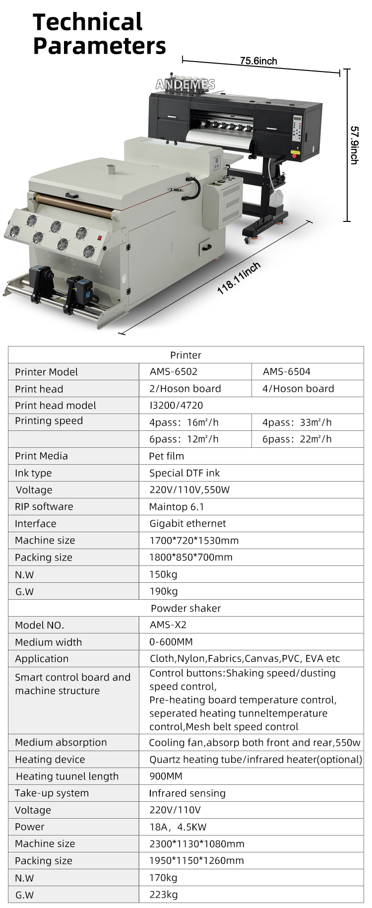 Multicolor 24inch 3head White Toner Roll Transfer Pet Film Cloth Fabric DTF Printer with Powder Shake