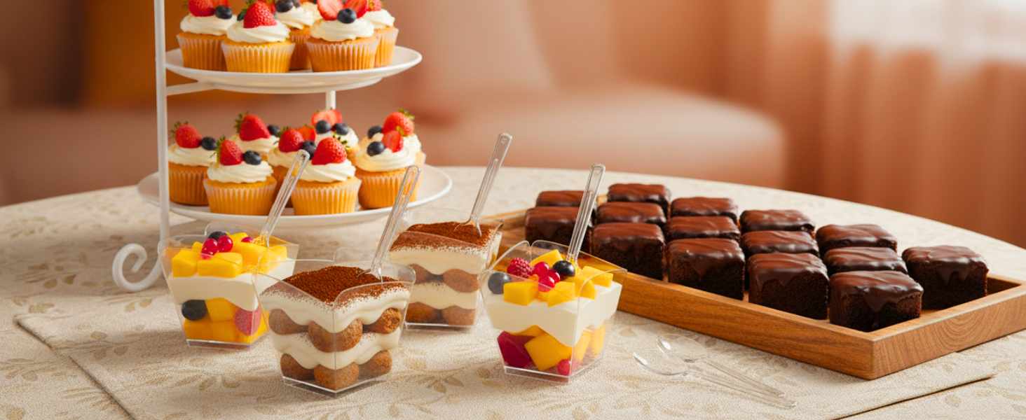 4 Oz Square Plastic Dessert Cups With Spoons, Clear Parfait Appetizer Cups, Mini Party Trifle Shooter Serving Cup For Mousse, Puddings, Cocktails