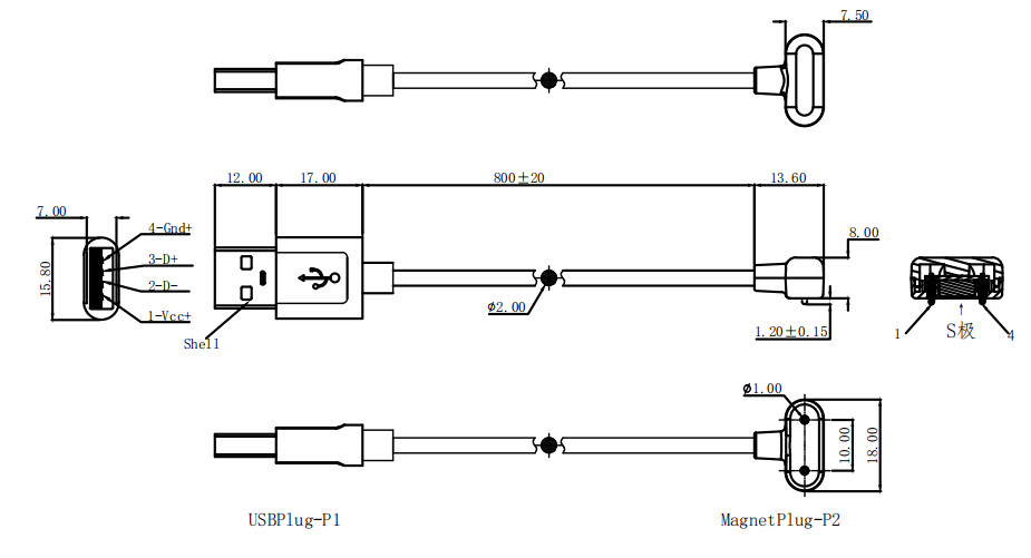 10.0mm Pitch USB Pogo Pin Connector 1.0A USB Cable Connector Magnetic For Burglar Alarm