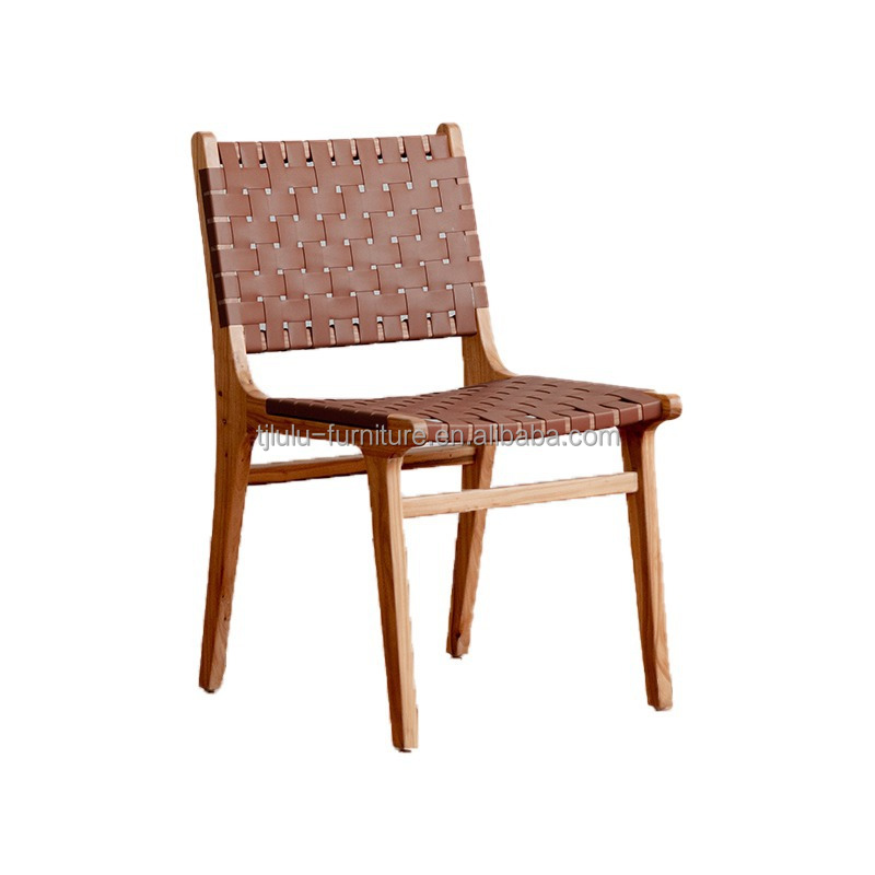 Hotel Nordic Design Solid Ash Wood Horse Saddle Leather Woven Seat Stackable Dining Chair for Modern Cafe and Restaurant