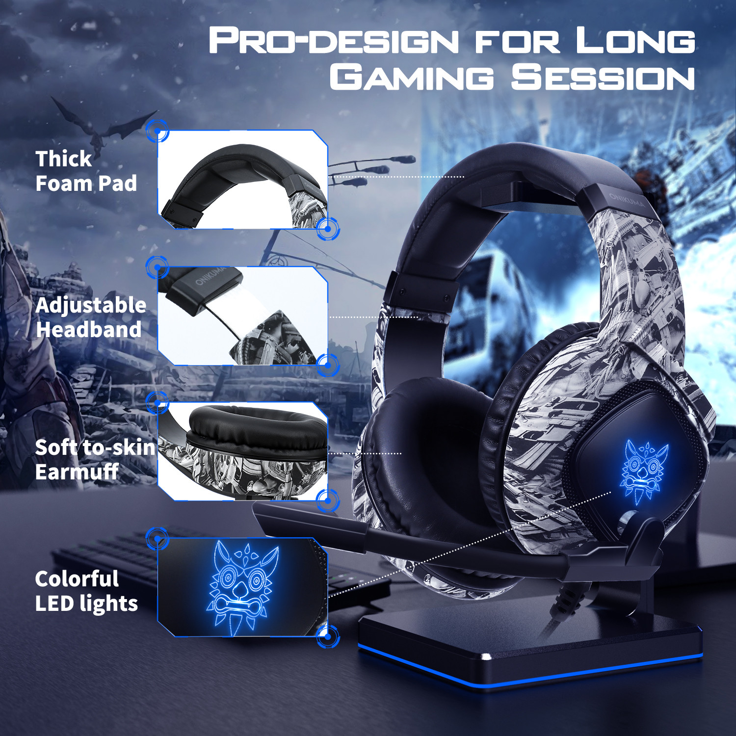 Dazzling LED Lights Ps4 Camo Wired Gaming Headphone 50mm Driver