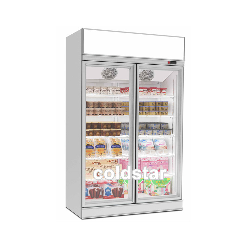Two Doors Glass Door Vertical Upright Chiller Display Deep Freezer Price For Supermarket