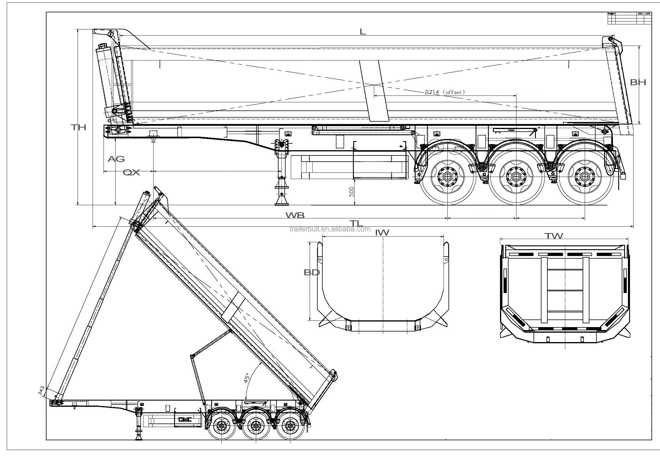 7.2 / 8.2 / 9.6 / 10.5 m Carbon Steel Chassis Tipper Semi Trailer for Building Materials Transport
