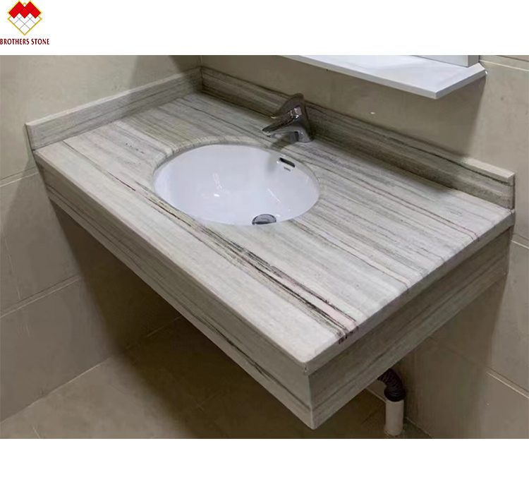 Wooden White Marble Straight Stair with Drawing Surface and Anti-Slip Tape Design