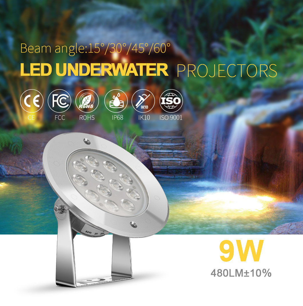 3000K Tempered Glass Cover Underwater Pond Light 9W ERP CREE