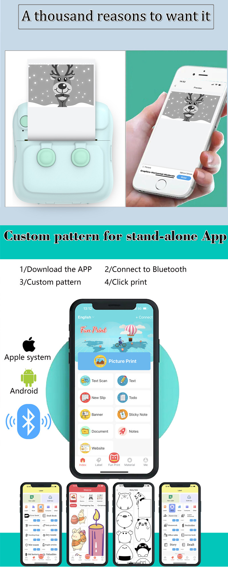 Portable Phone Thermal Mini Printer Sticker Bluetooth 200DPI