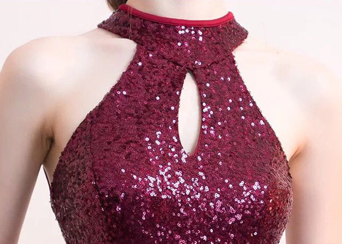 Sleeveless Mermaid Short Prom Dresses Backless Red And Black Sequins Fabric For Party