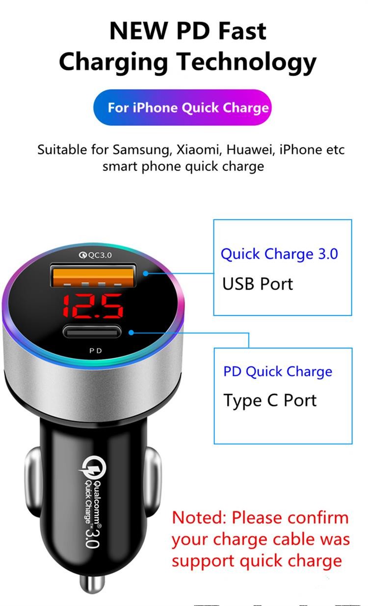 LCD Type C Car Charger PD 6A 36W QC3.0 For IPhone Huawei Xiaomi