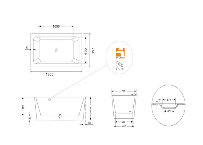Seamless Acrylic Square Freestanding Bathtub With Pop - Up Drainer Durable