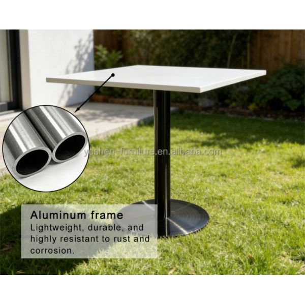 Rectangular White Aluminum Outdoor Coffee Table with Black Pedestal Base for Hotel Lounge Commercial Patio