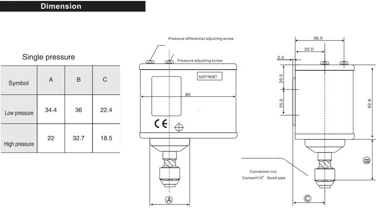 Cold Room Condensing Unit Pressure Controller Switch 16MPa
