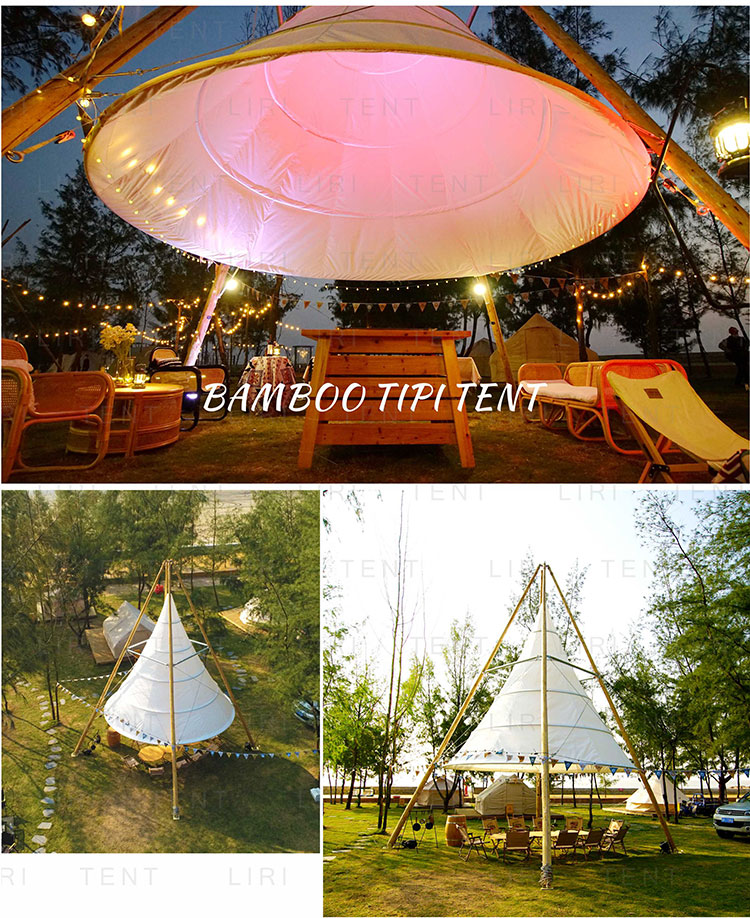 Water Resistant Outdoor Event Tents White Tipi Bamboo Lantern Glamping Tents For Party