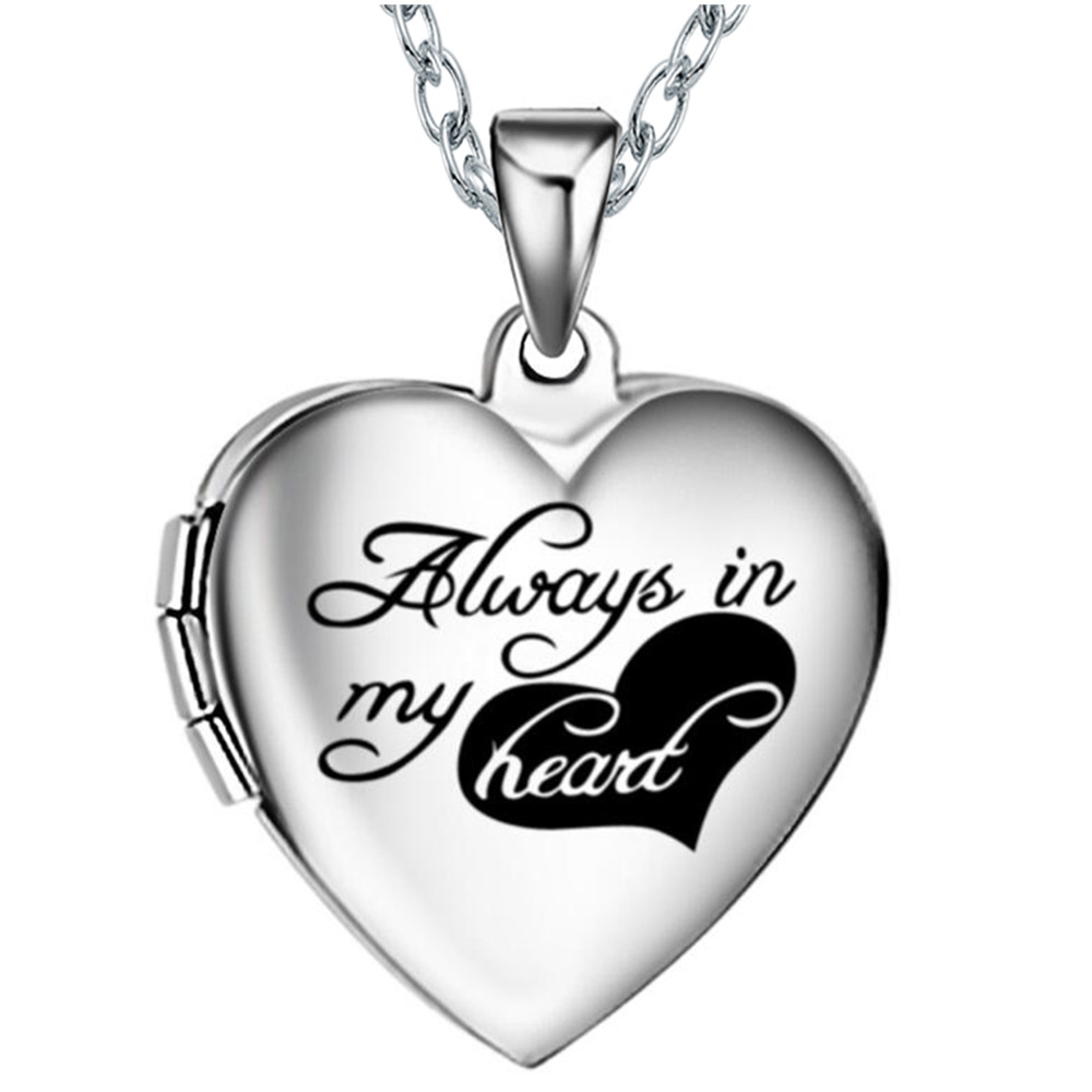 Unisex Stainless Steel Heart-Shaped Photo Box Pendant Necklace with Engravable Chain