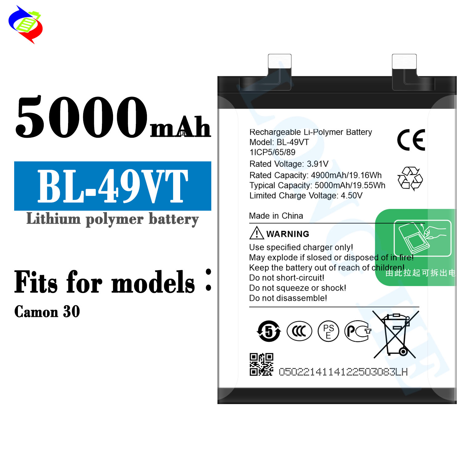 100% Compatible Mobile version name For Tecno BL-49VT Cell Phone Battery 3.91V 5000mAh