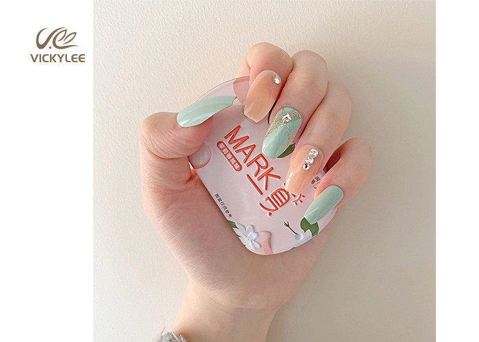 Coffin Artificial OEM Mint Green Fake Nails Press On Crystal Stone