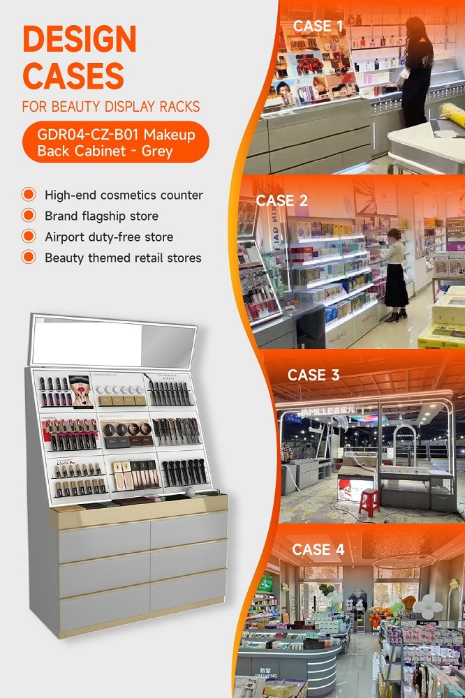 GDR04-CZ-B01 Makeup Display Rack With Reflective Surface And Luxury Branding Integration For Airport Duty-Free Zones