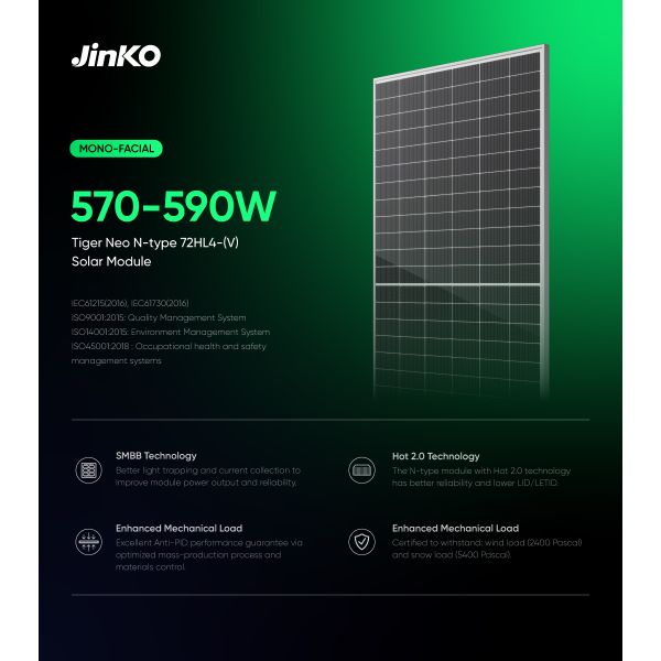 Jinko N Type a Grade 72HL4-(V) Tiger Neo 570W 575W 580W 585W 590 700W Watt Photovoltaic Module PV Solar Panels