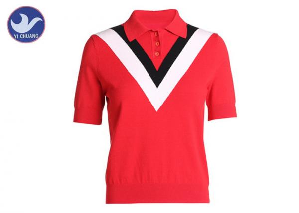 Buy Red Short Sleeve Turtleneck Sweater , Knitted Polo Neck Jumper Buttons Closure Pullover at wholesale prices
