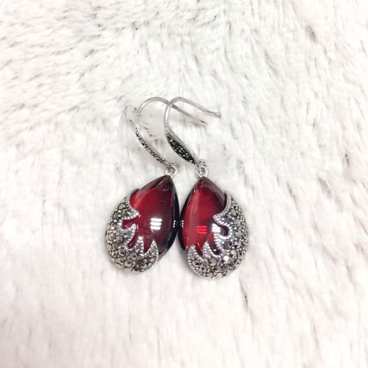 Vintage Sterling Silver Created Garnet with Marcasite Dangle Drop Earrings(E12033RED)