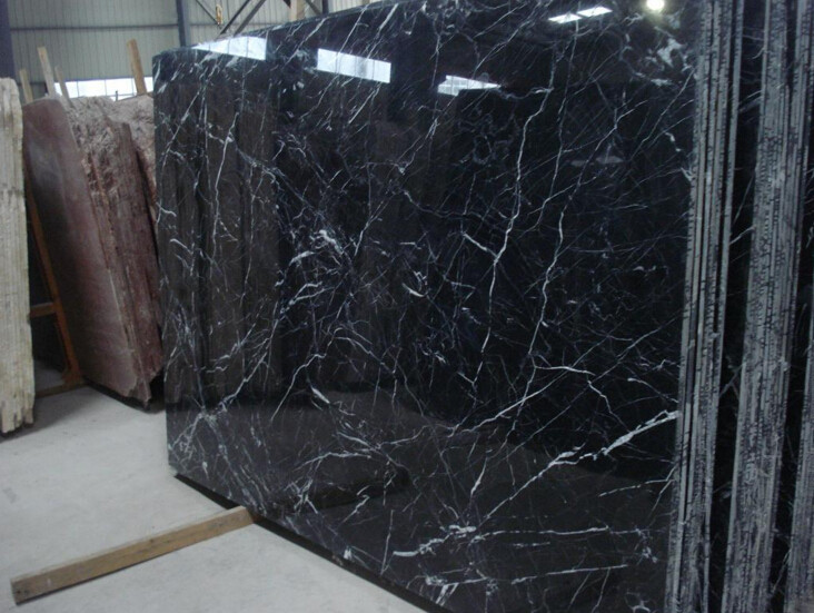 Polished Marble Stone Tile , Black Marble With White Veins For Sink Wash Basin