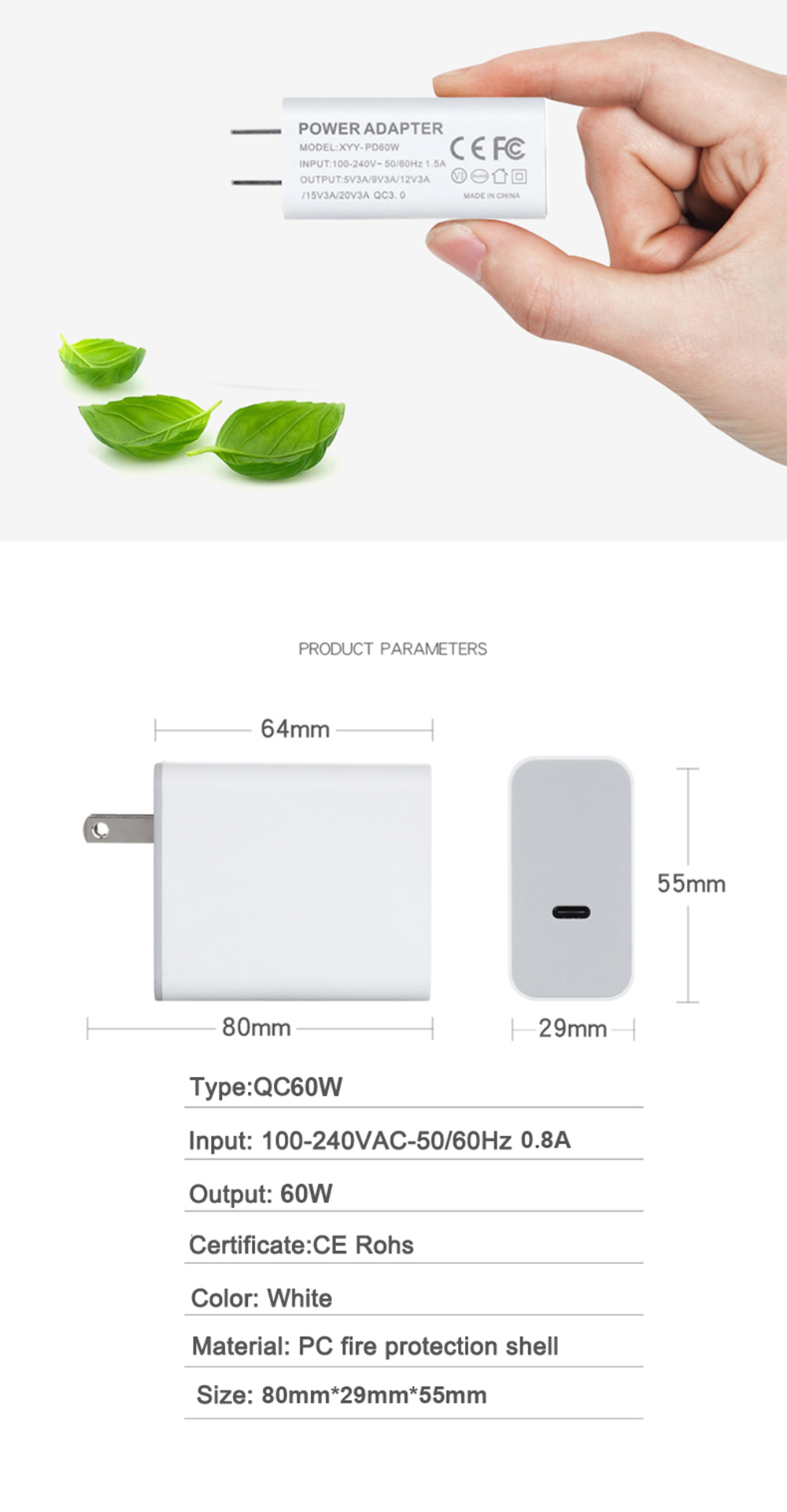 US 2-Pin 60W USB-C Fast Wall Charger