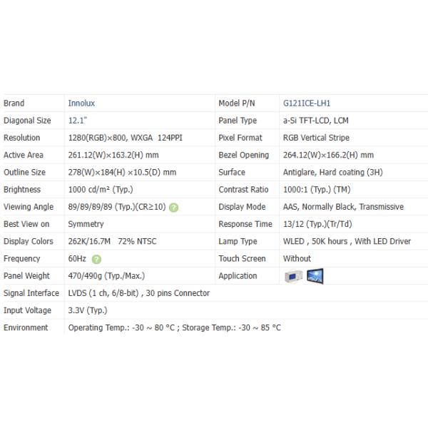 WXGA High Brightness Screen 1000cd/M2 -30 ~ 85 °C LVDS Flat Panel Lcd Monitor G121ICE-LH1