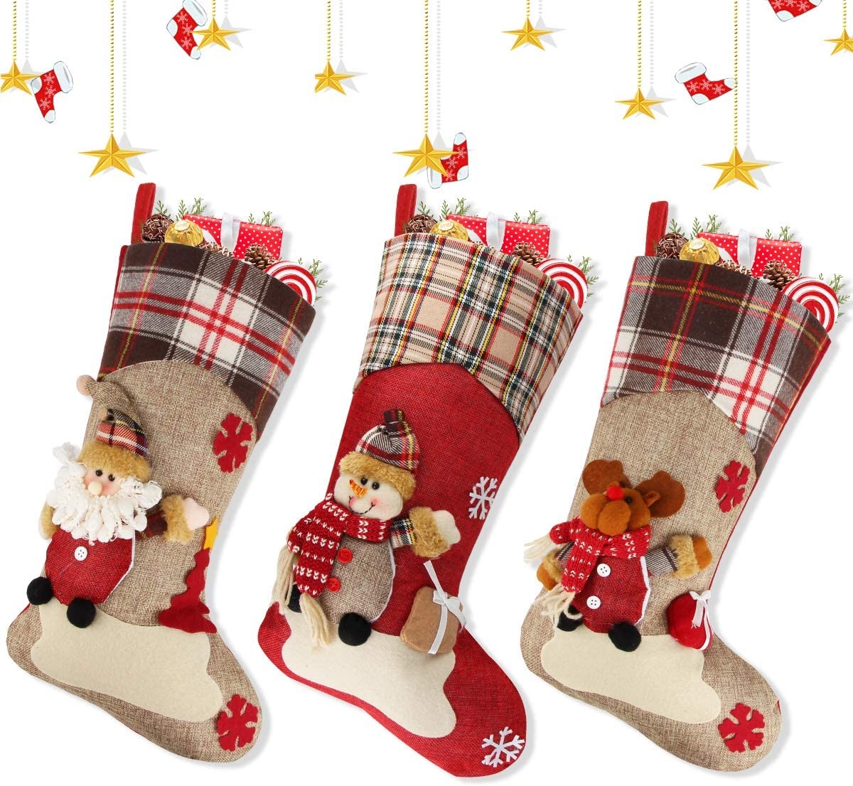 Christmas Stocking, 18" Set of 3 Santa, Snowman, Reindeer, Xmas Character 3D Plush with Faux Fur Cuff Christmas Decorati