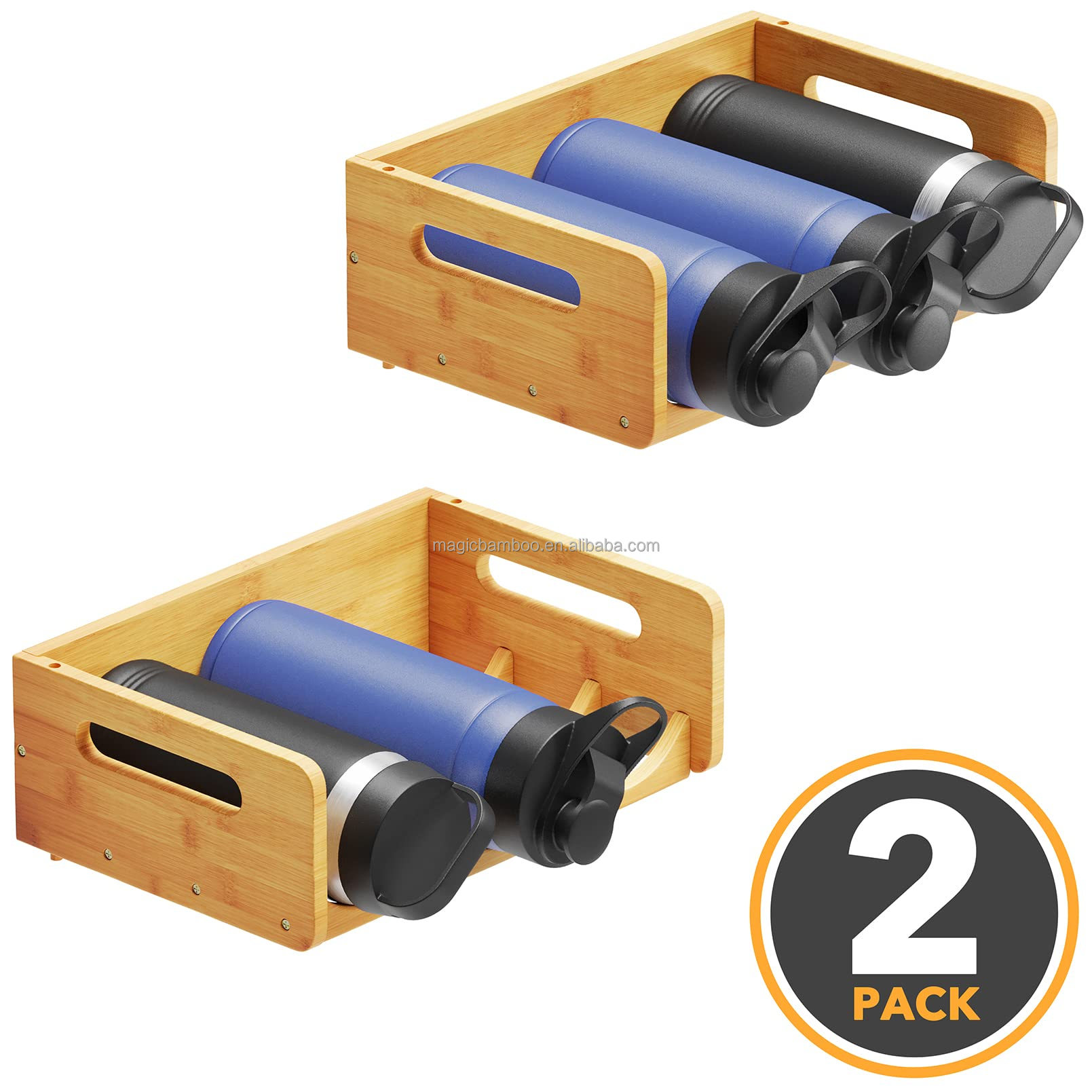 BAMBOO Water Bottle Organizer With Labels Non-folding Rack for Kitchen Pantry and Cabinets