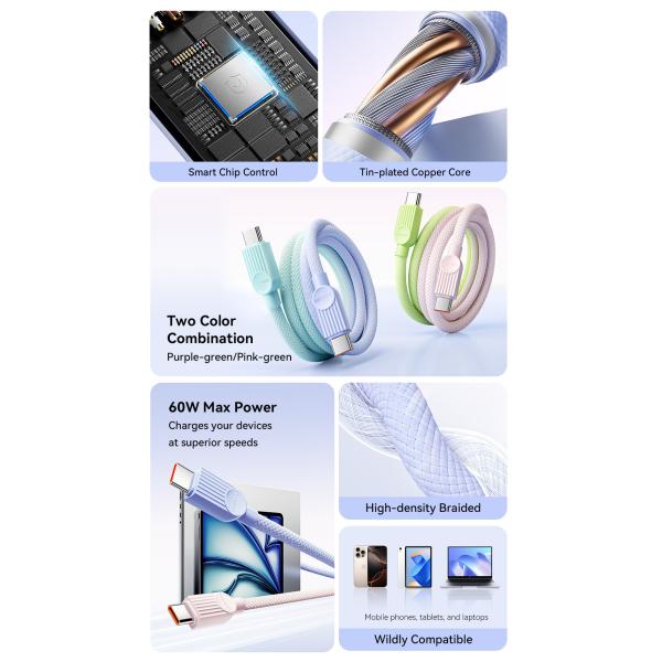 ESSAGER ES-X73 3A PD 60W Type C Fast Charging Data Cable, 1M 2M Colorful Braided Cables