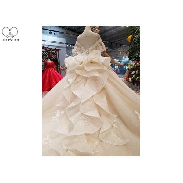 Female Princess Grace Wedding Dress Half Sleeve Beaded Net Three Layer Lace Tail