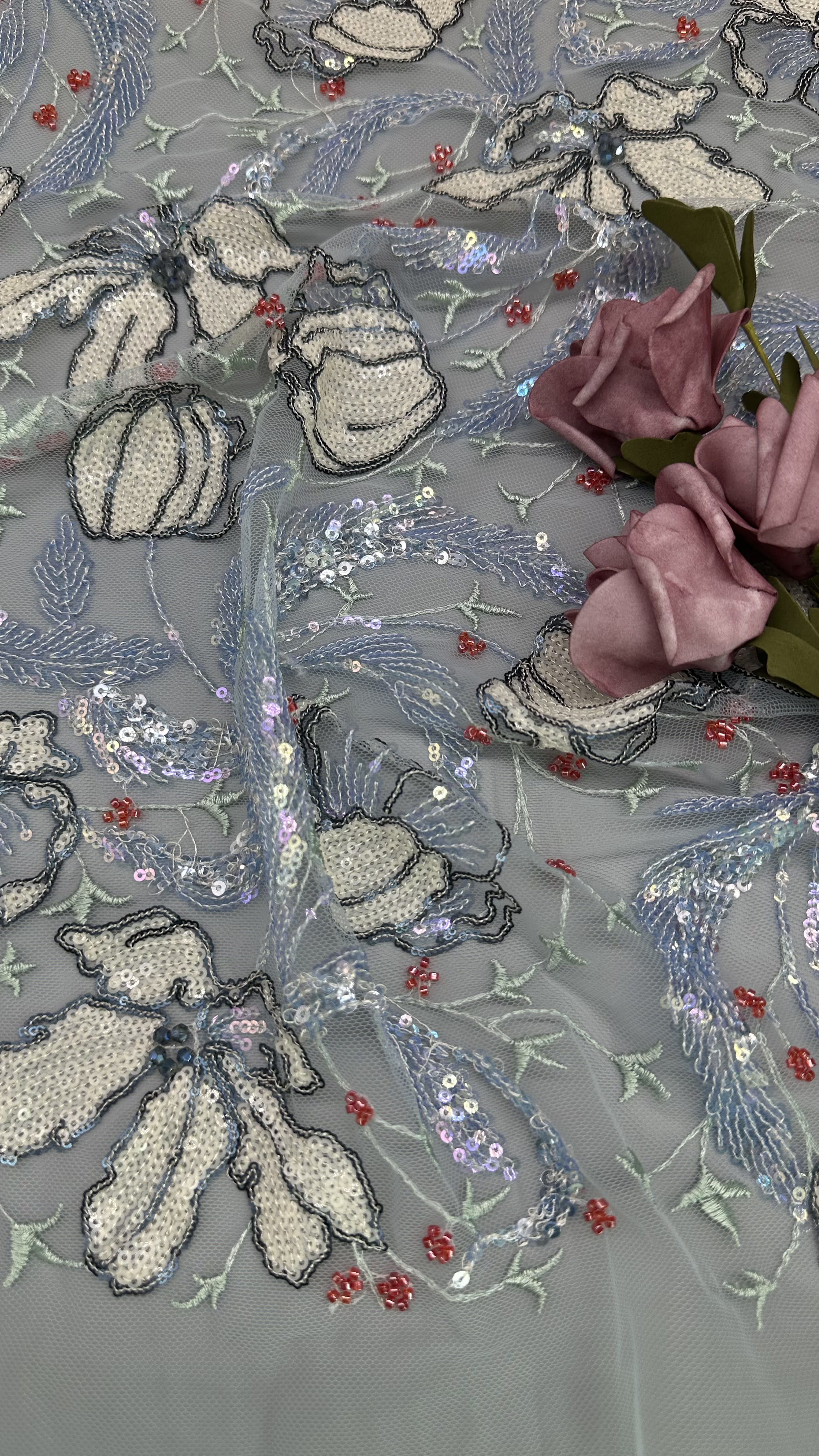 Mesh Ground Leafy Sequins Lace Fabric for Elegant Breathe Dinner Gowns Shining Fabric