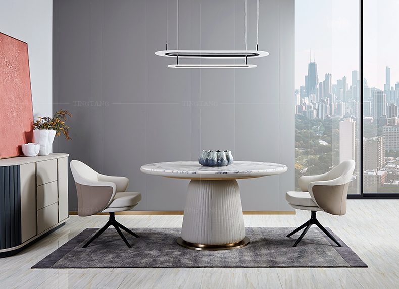 Household White Marble Round Dining Table With Turntable Stainless Steel