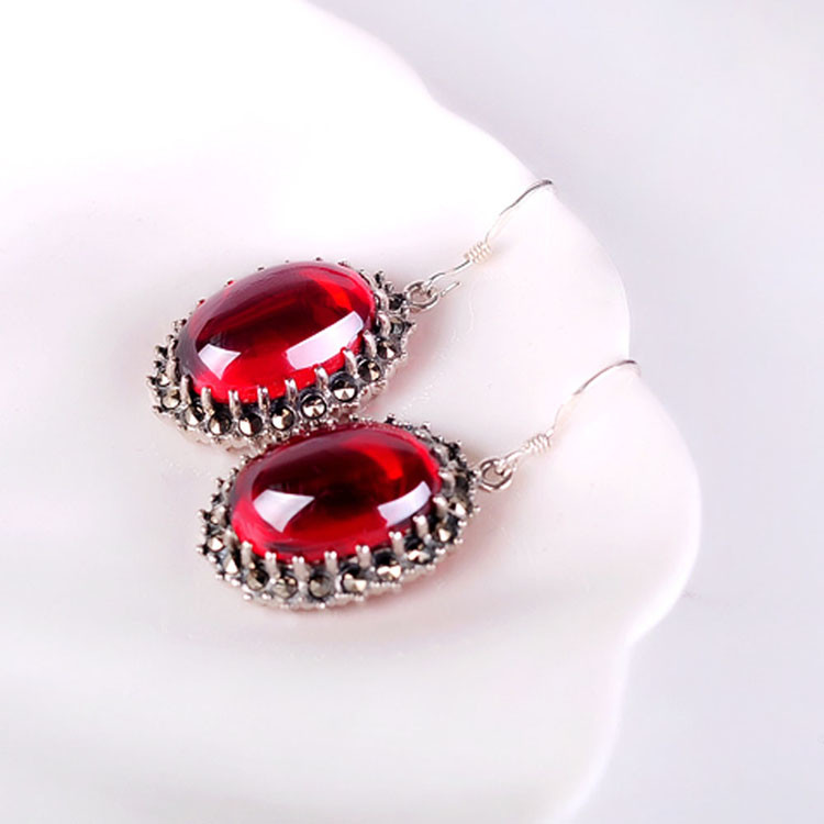 Vintage Sterling Silver Oval Red Cubic Zirconia Dangle Earrings (E12034)
