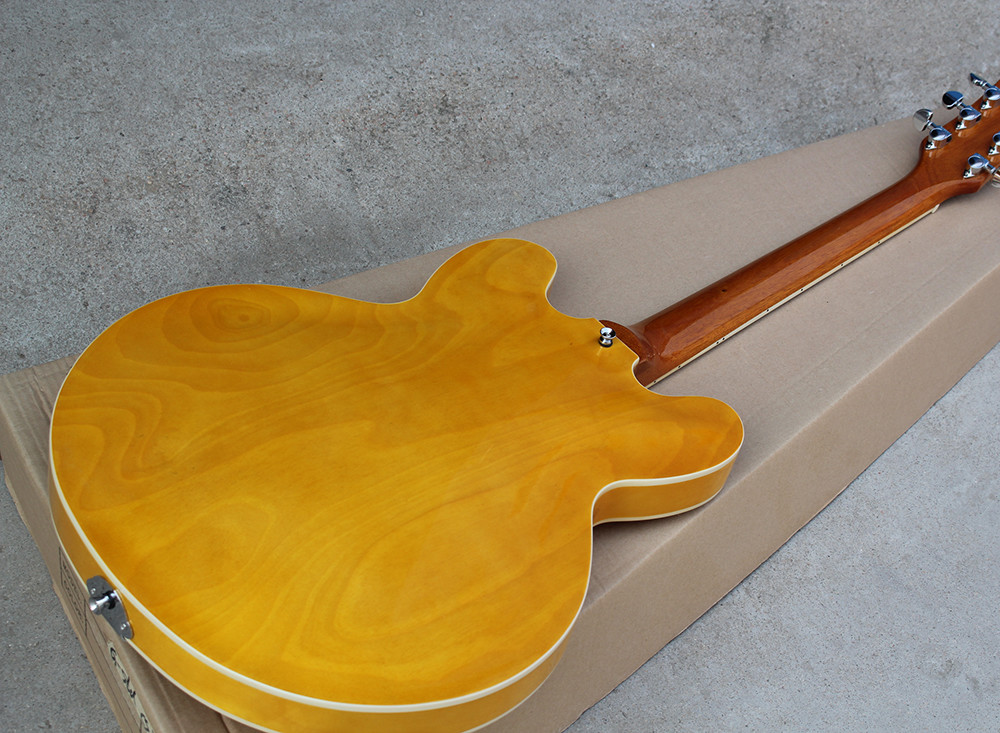 Custom Yellow Semi-hollow Body Electric Guitar with Flame Maple Veneer,Rosewood Fretboard