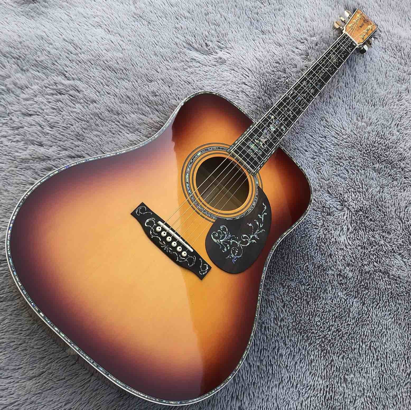 41" Solid Spruce Top Abalone D Style Acoustic Guitar with Burst Maple Body Ebony Fingerboard